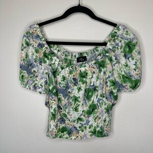 Milk and Honey Green and White Smocked Puff Sleeve Crop Top